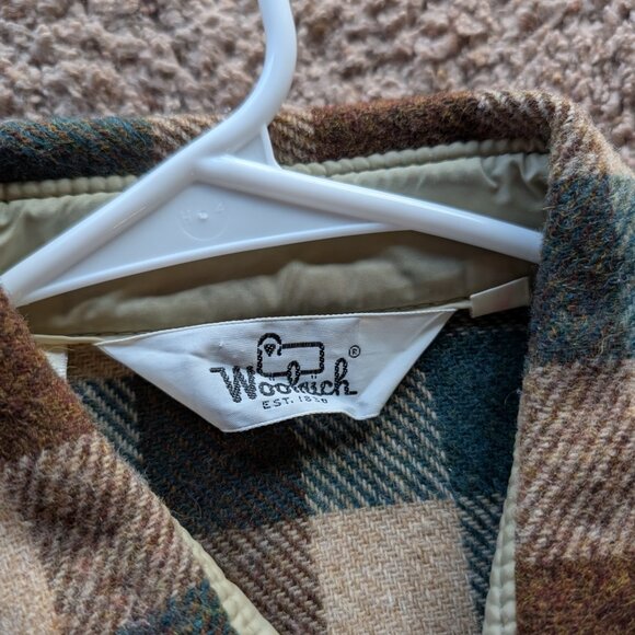 Vintage 80's 90's WOOLRICH Wool Green/ Tan Button Up Flannel Size Large - Picture 2 of 5